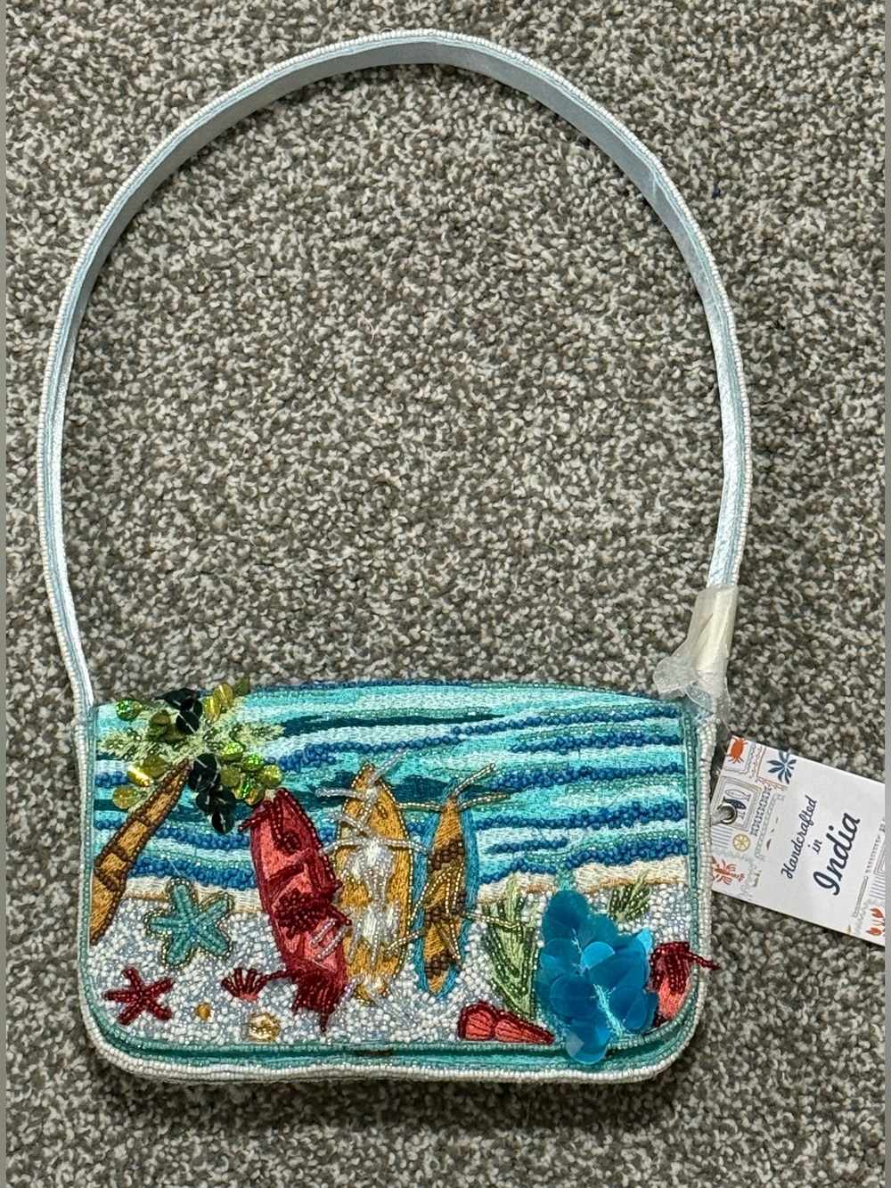 Beaded Surfboard Scene Themed Shoulder Bag Handcrafted in India - NWT
